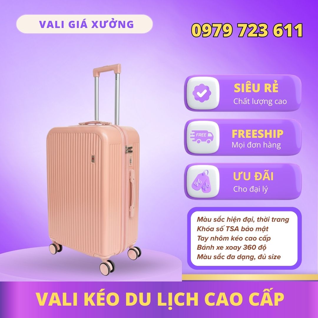Vali kéo du lịch nhựa ABS/PC màu Hồng Phần cao cấp, hiện đại , khóa TSA bảo mật – CT01
