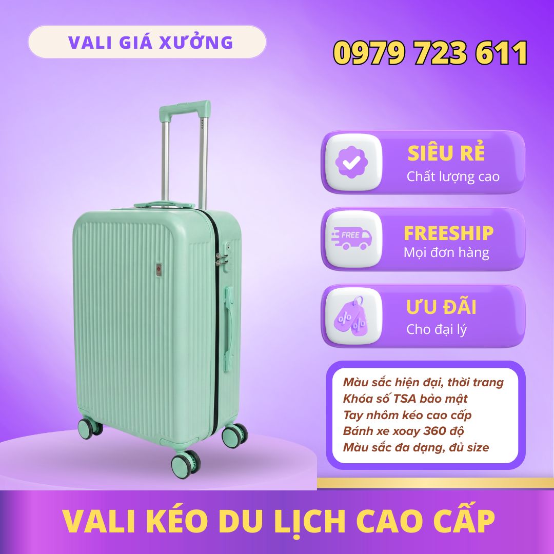 Vali kéo du lịch nhựa ABS/PC màu Xanh Mint cao cấp, hiện đại , khóa TSA bảo mật – CT01