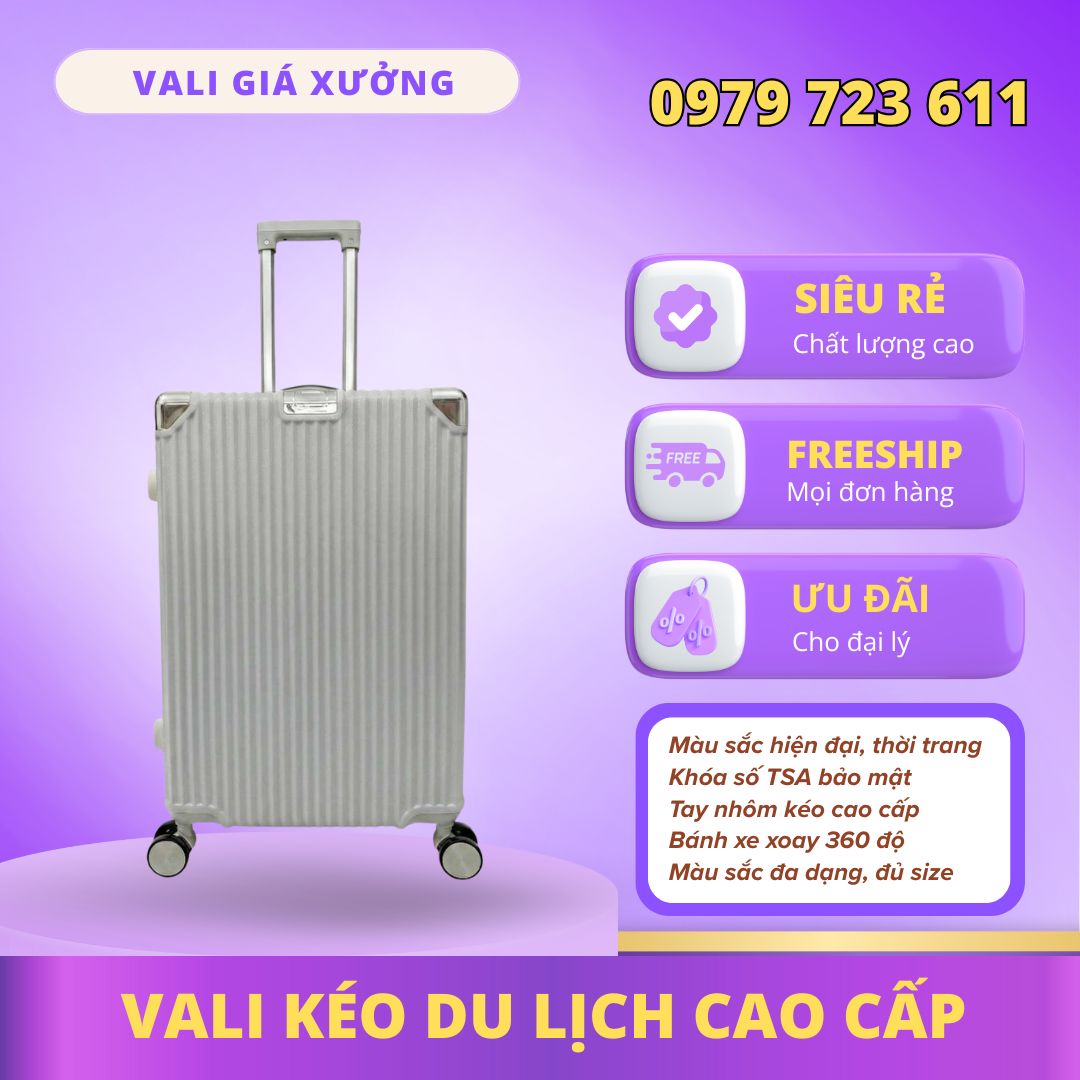Vali kéo du lịch nhựa ABS/PC chống va đập, có khay đựng nước màu Bạc - KL02