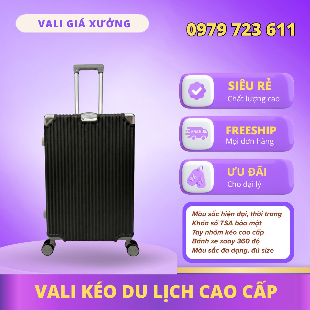 Vali kéo du lịch nhựa ABS/PC chống va đập, có khay đựng nước màu Đen - KL02