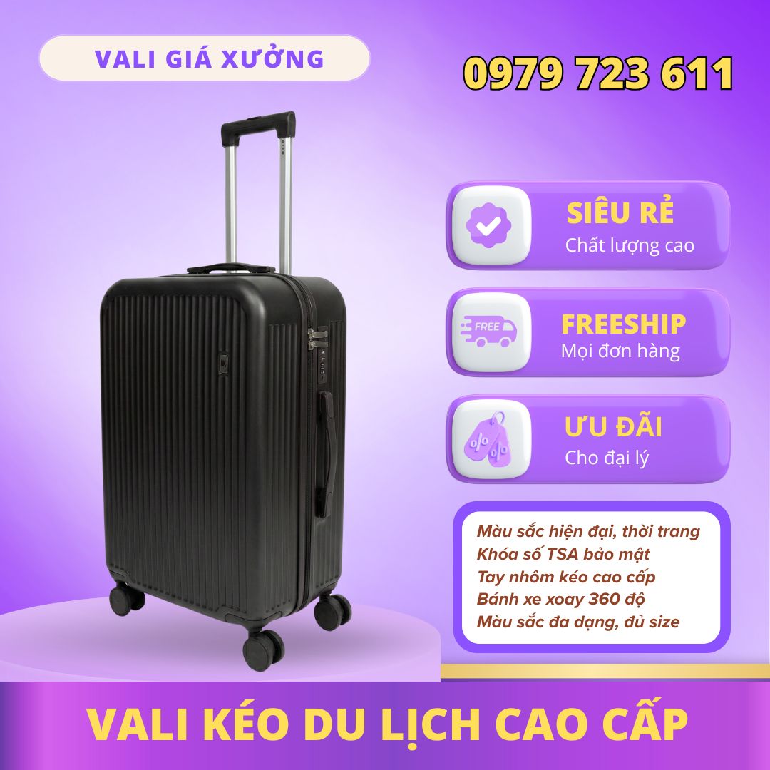 Vali kéo du lịch nhựa ABS/PC màu Đen cao cấp, hiện đại , khóa TSA bảo mật – CT01