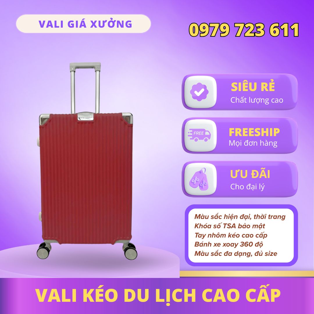 Vali kéo du lịch nhựa ABS/PC chống va đập, có khay đựng nước màu Đỏ - KL02