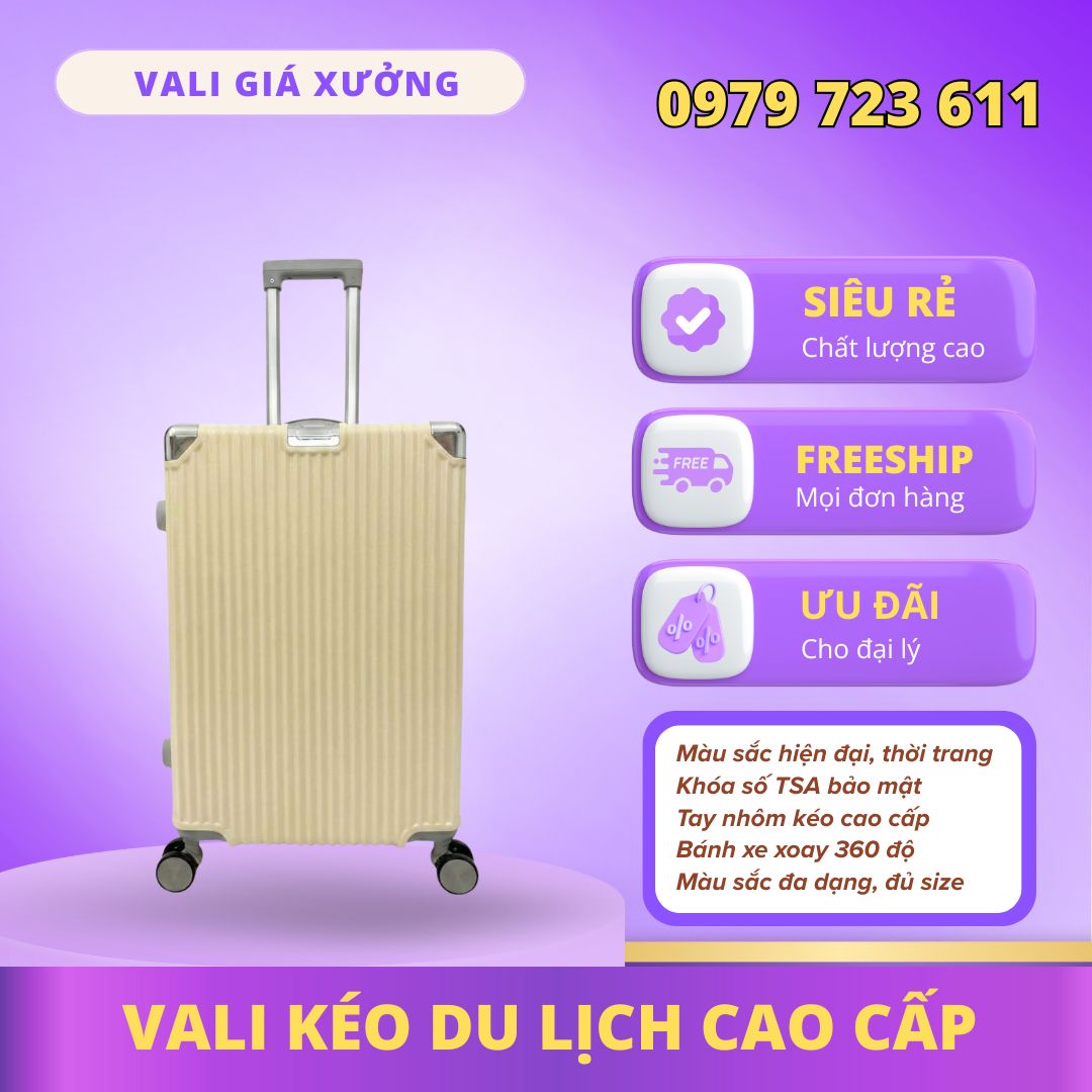 Vali kéo du lịch nhựa ABS/PC chống va đập, có khay đựng nước màu Vàng Kem - KL02
