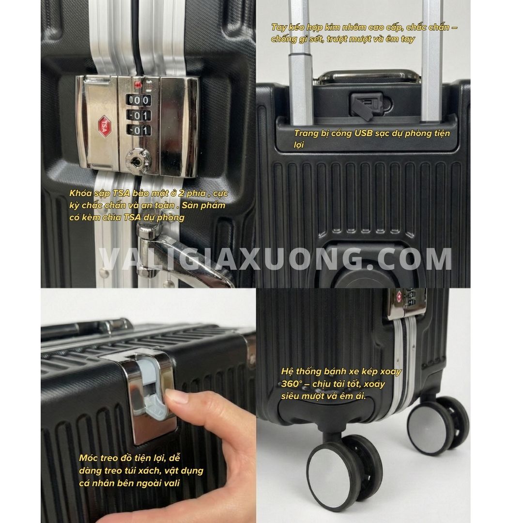 Vali Du Lịch Khung Nhôm Cao Cấp – Màu Đen