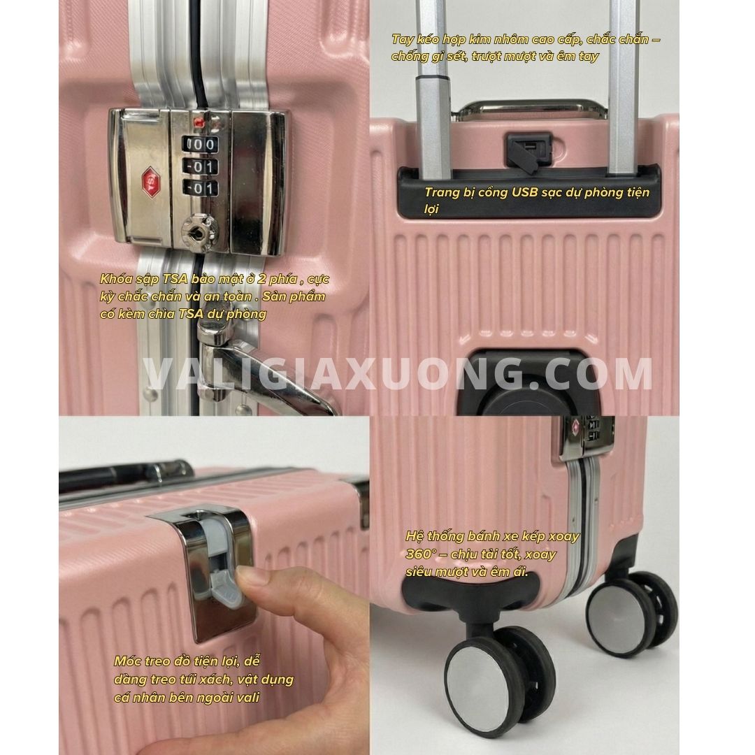 Vali Du Lịch Khung Nhôm Cao Cấp – Màu Hồng Phấn